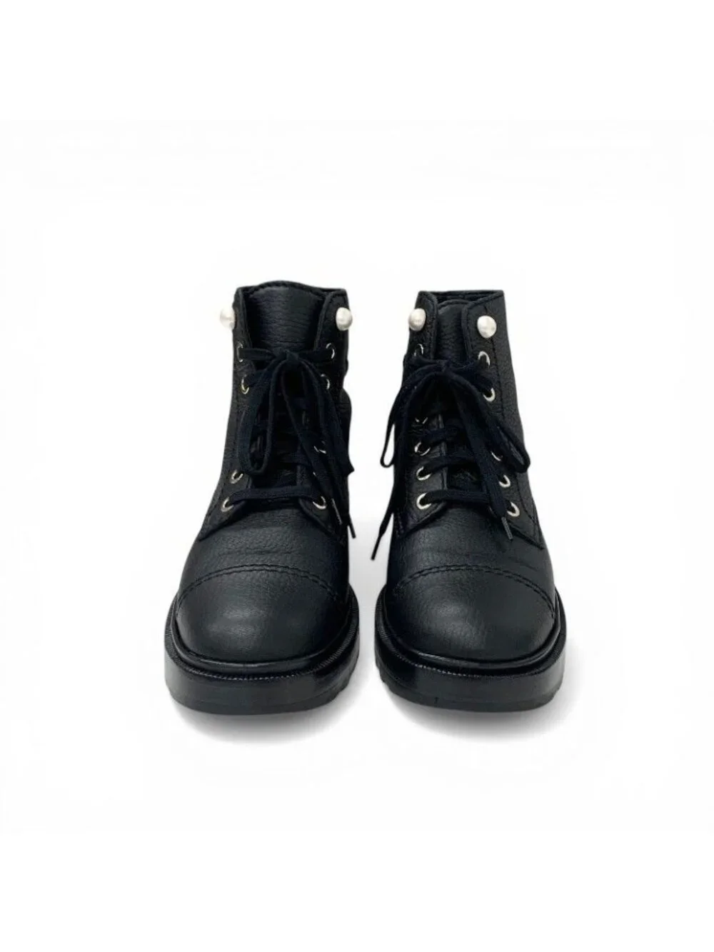 Chanel Boots Short Shoes Leather Black CC Logo Pearl Lace
